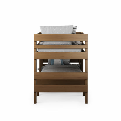 Native Elm low height long-wall bunk bed with horizontal slat guardrails and clean lines.