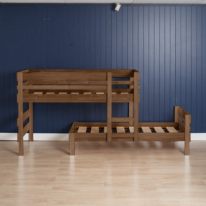 Native Elm low height long-wall bunk bed with ladder and slatted frames against blue paneled wall.