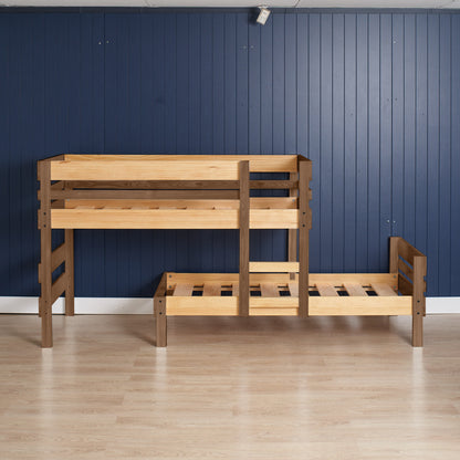 Low height long-wall bunk bed in natural elm wood with integrated ladder and safety rails.