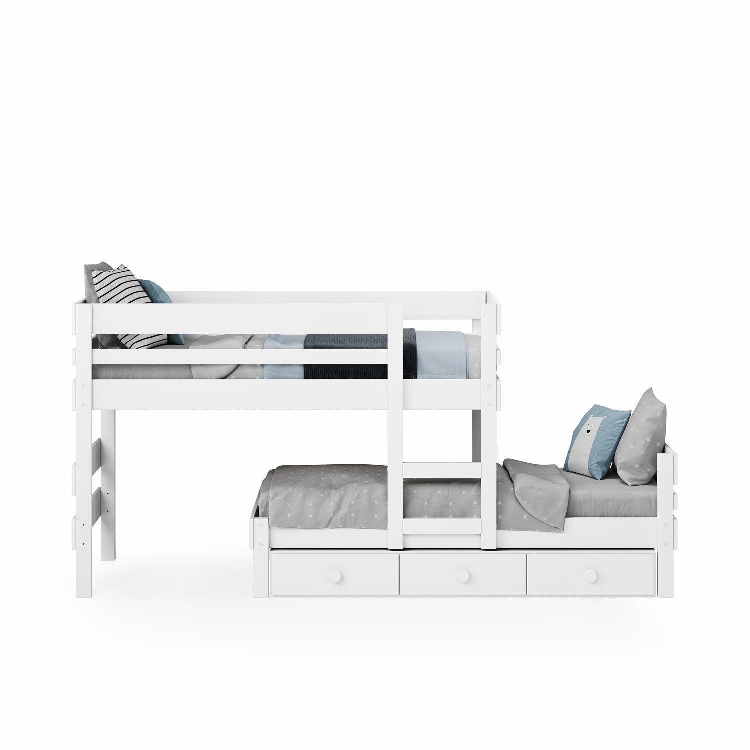White low height long-wall bunk bed with ladder and three under-bed drawers.