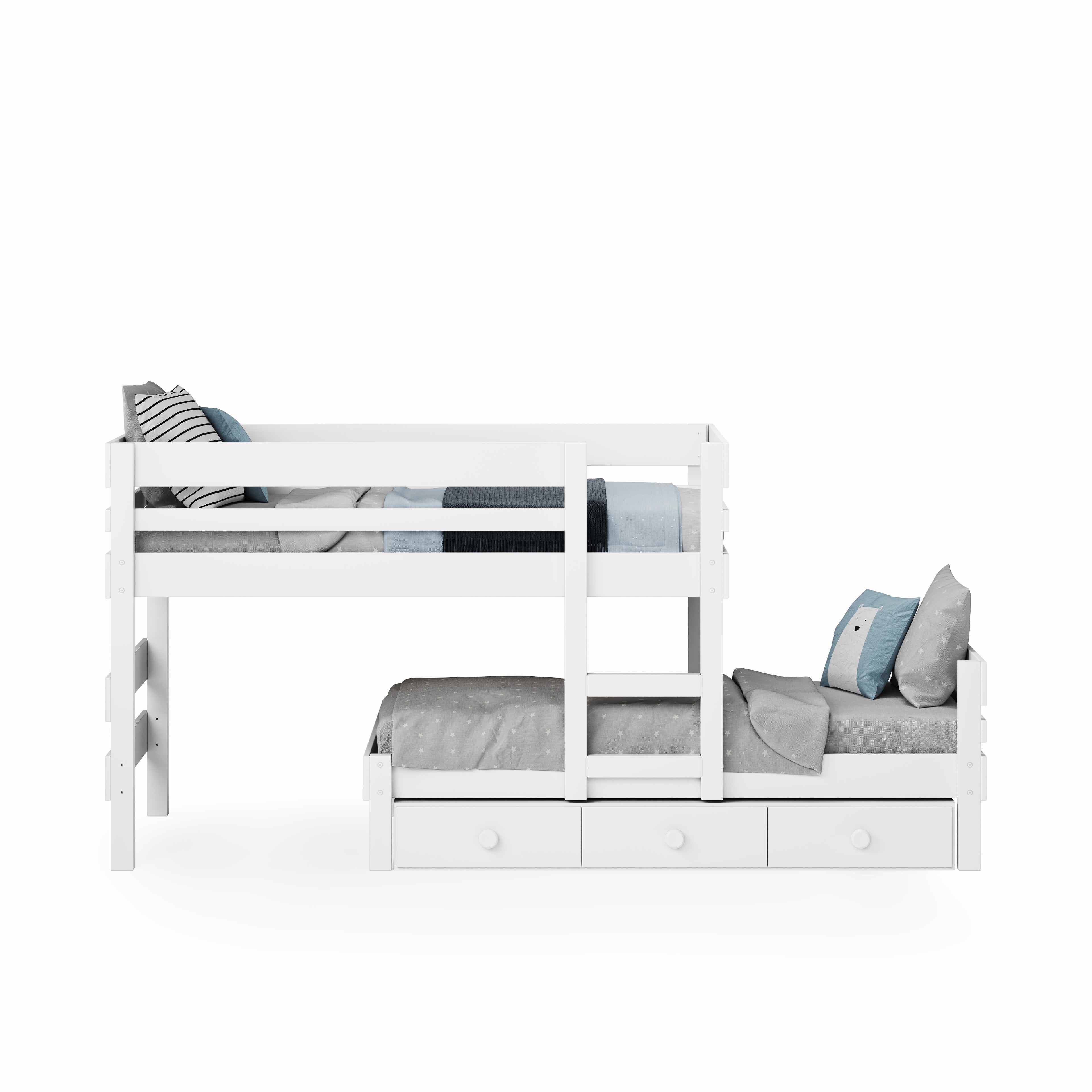 White low height long-wall bunk bed with ladder and three under-bed drawers.