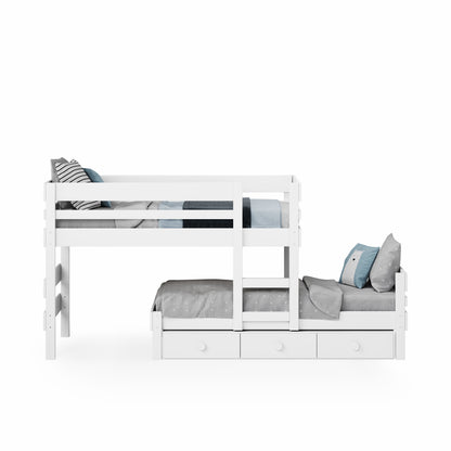 White low height long-wall bunk bed with ladder and three under-bed drawers.