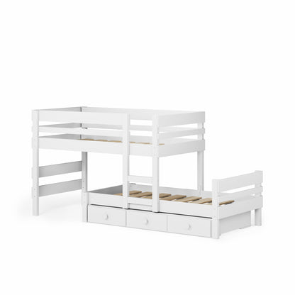 White low height long-wall bunk bed with guardrails and built-in storage drawers underneath.