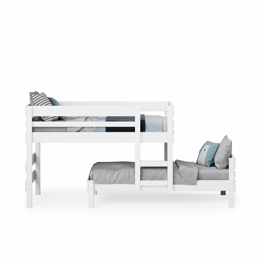 White low height long-wall bunk bed with built-in ladder and guardrails, styled with gray and blue bedding.