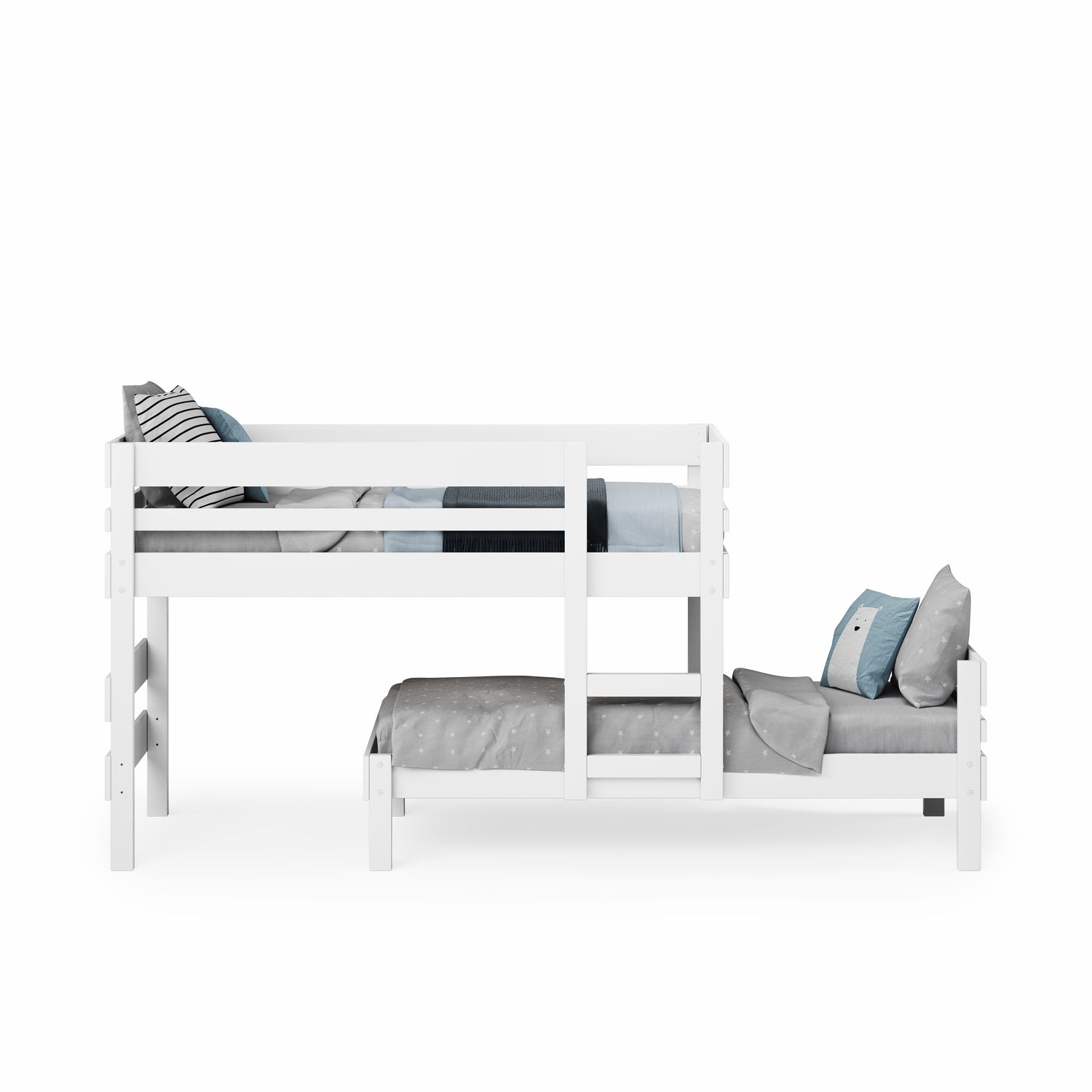 White low height long-wall bunk bed with built-in ladder and guardrails, styled with gray and blue bedding.