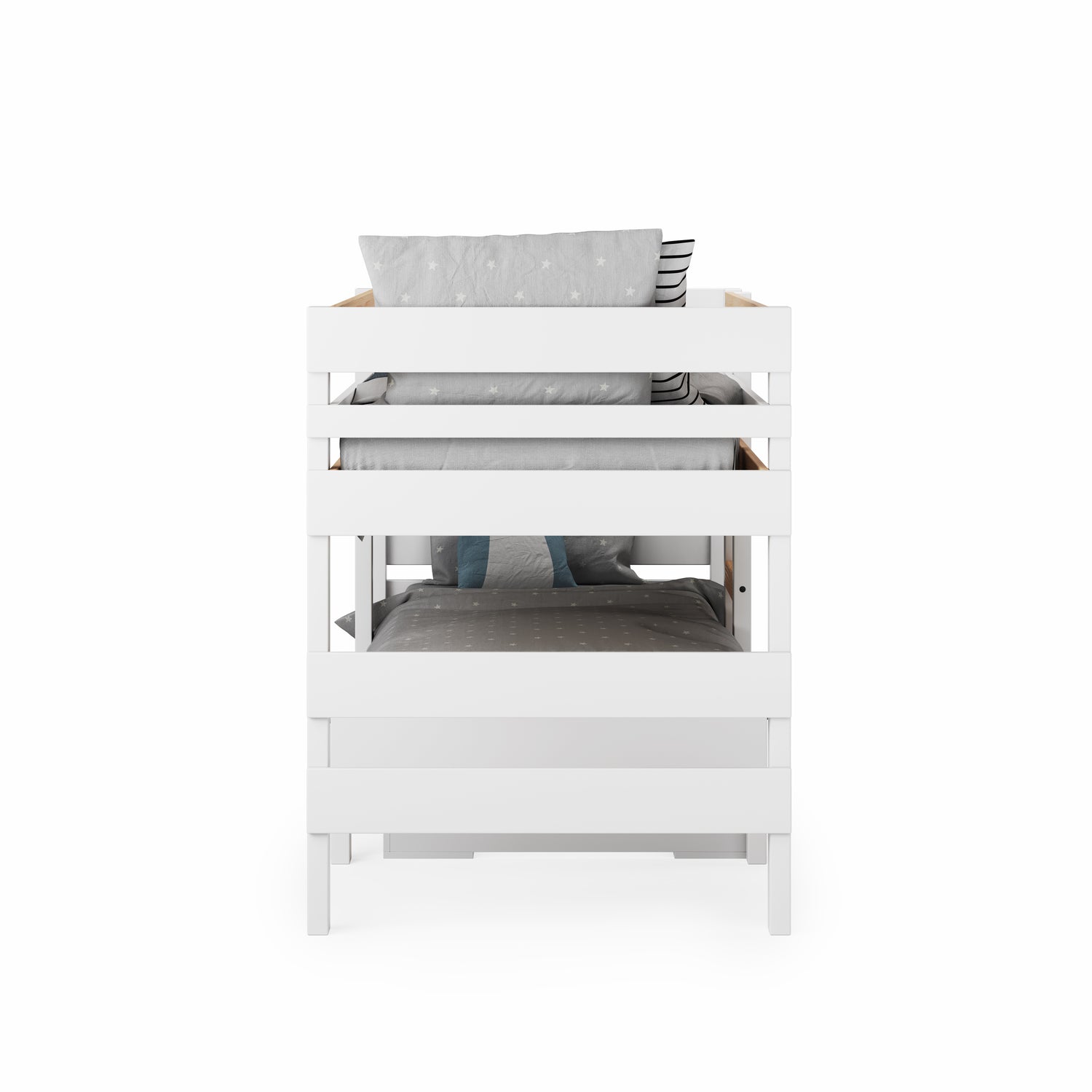 White low height long-wall bunk bed with sturdy guardrails and simple flat panel design.
