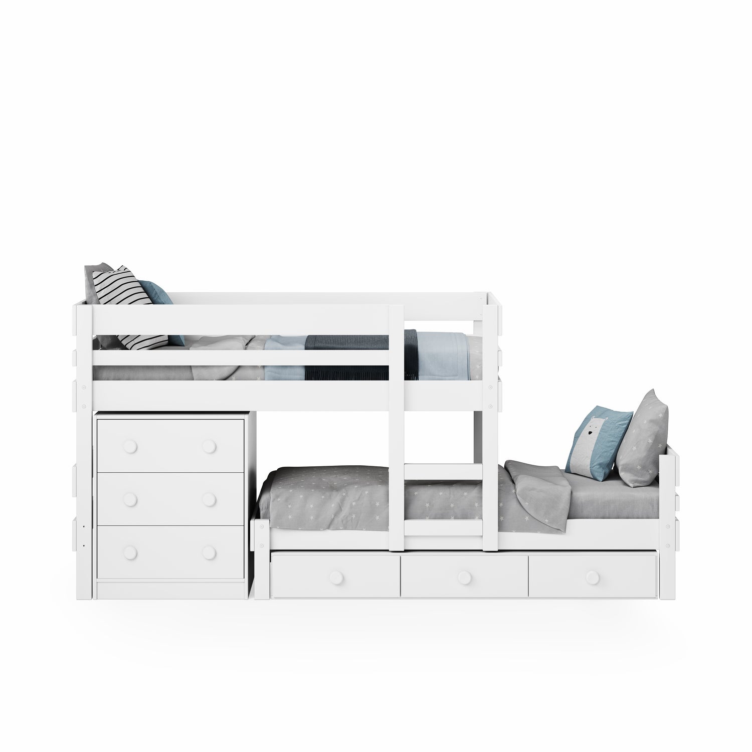 White low height long-wall bunk bed with integrated chest and drawers, ladder in center.