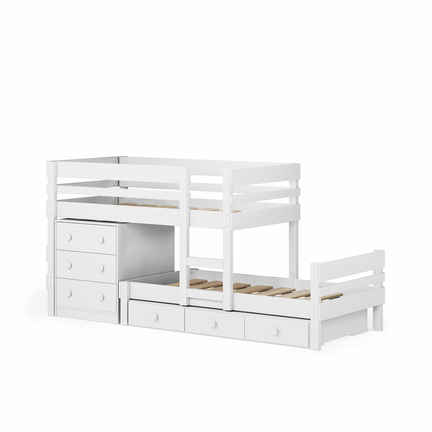 White low height long-wall bunk bed with under bed drawers and Lo-Line chest storage.