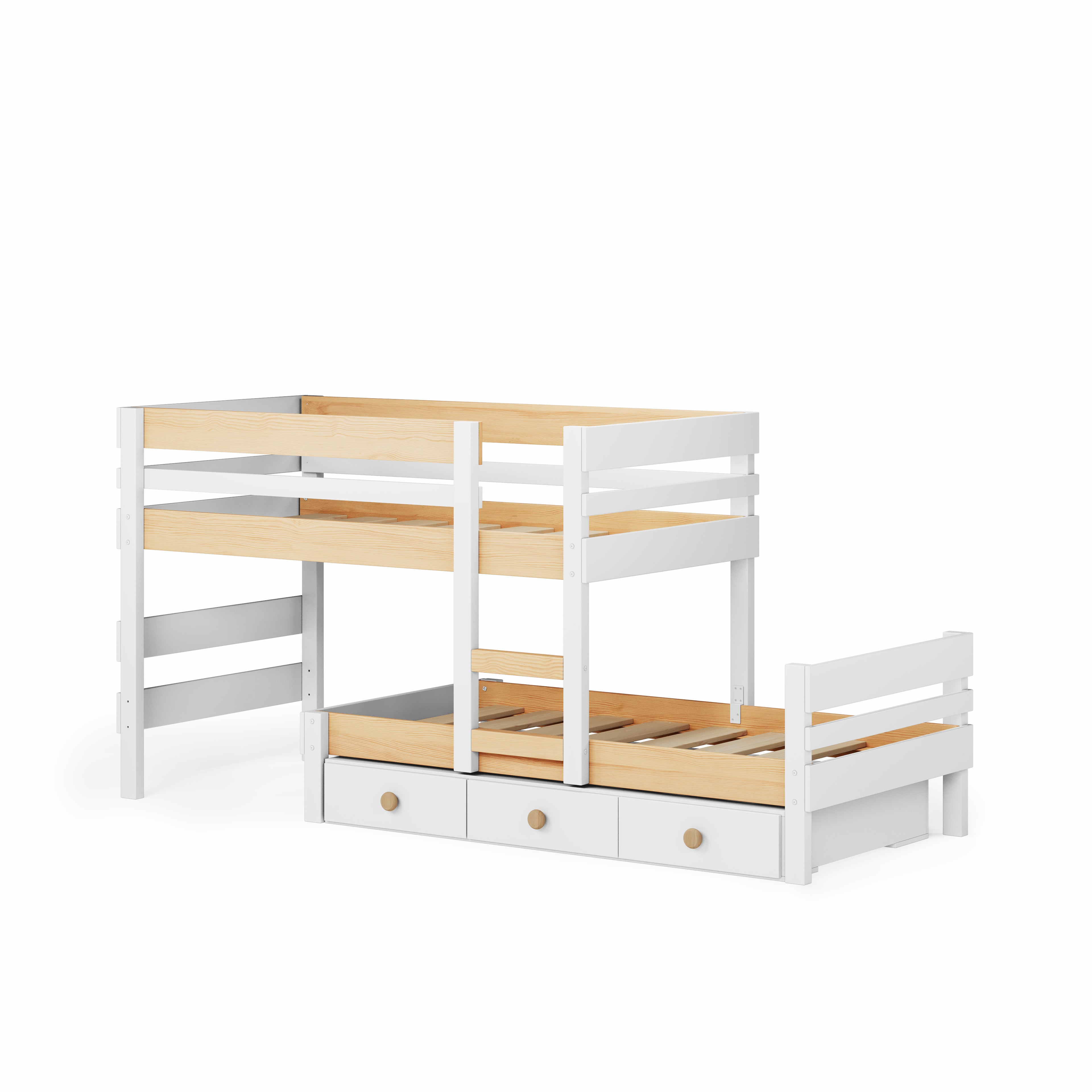 White low height long-wall bunk bed with ladder and three under-bed drawers.