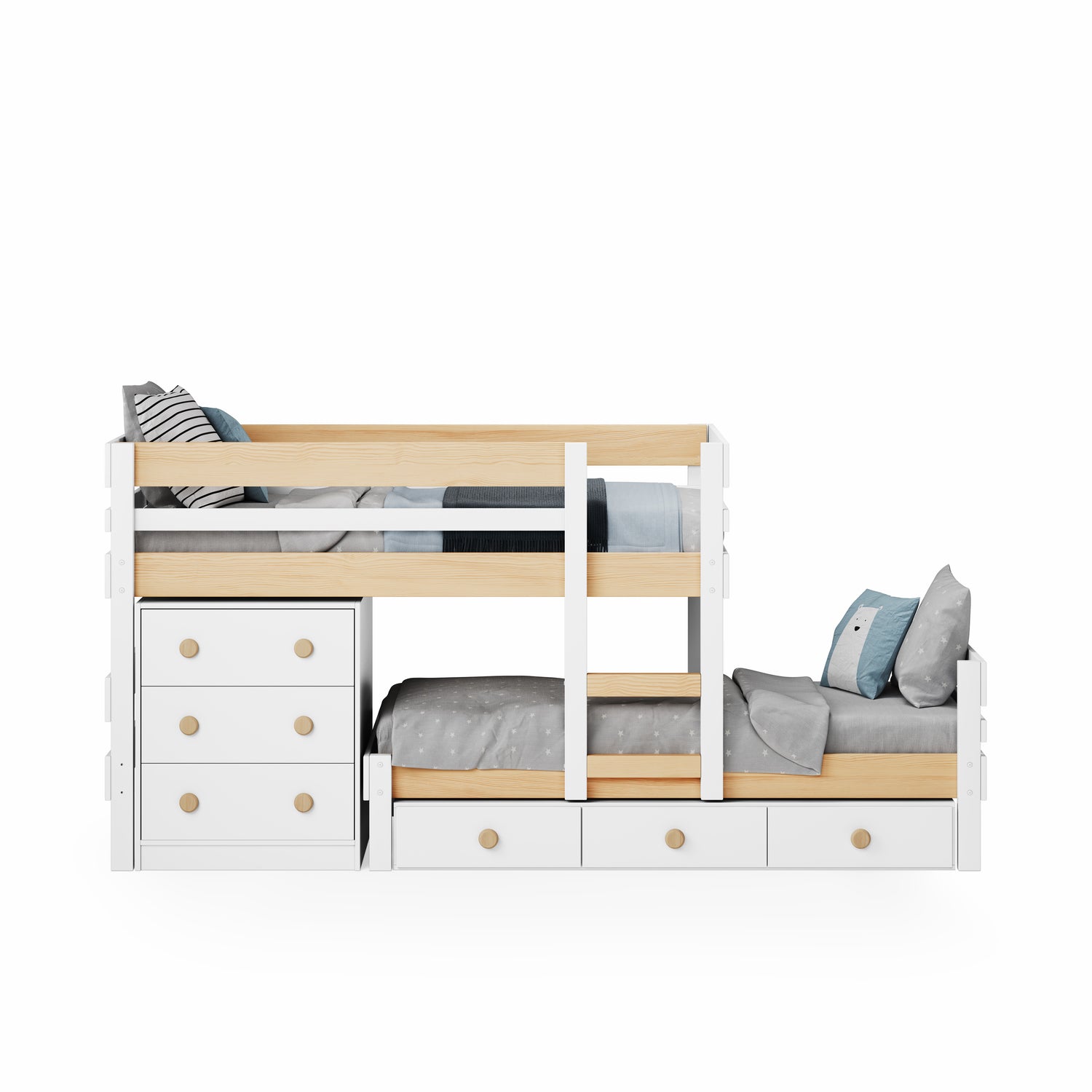 White low height long-wall bunk bed with integrated drawers and ladder, styled with gray bedding and pillows.