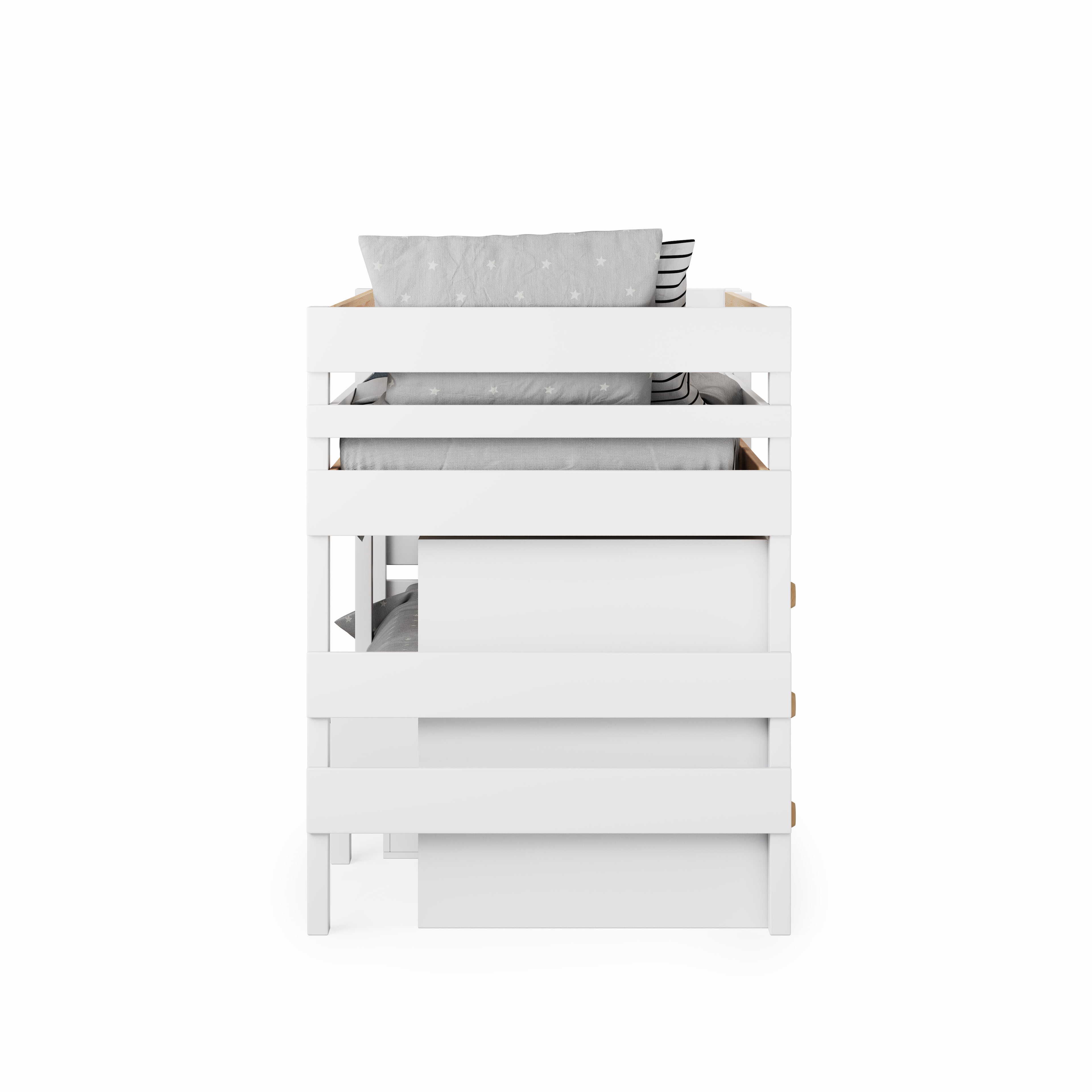 White low height long-wall bunk bed with guard rails and built-in storage drawers.