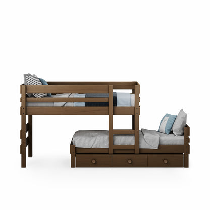 Native elm low height long-wall bunk bed with built-in drawers and stairs on white background.