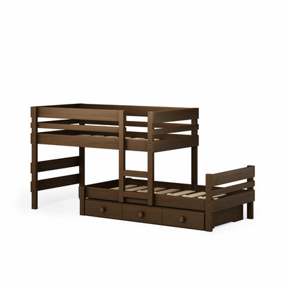 Dark wood low height long-wall bunk bed with under bed drawer storage and ladder.