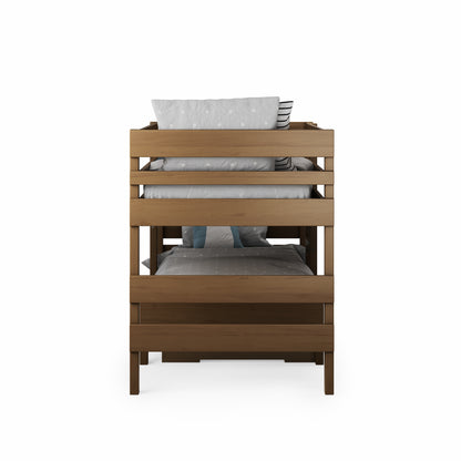 Low height long-wall bunk bed in natural wood finish with horizontal slats and sturdy frame.