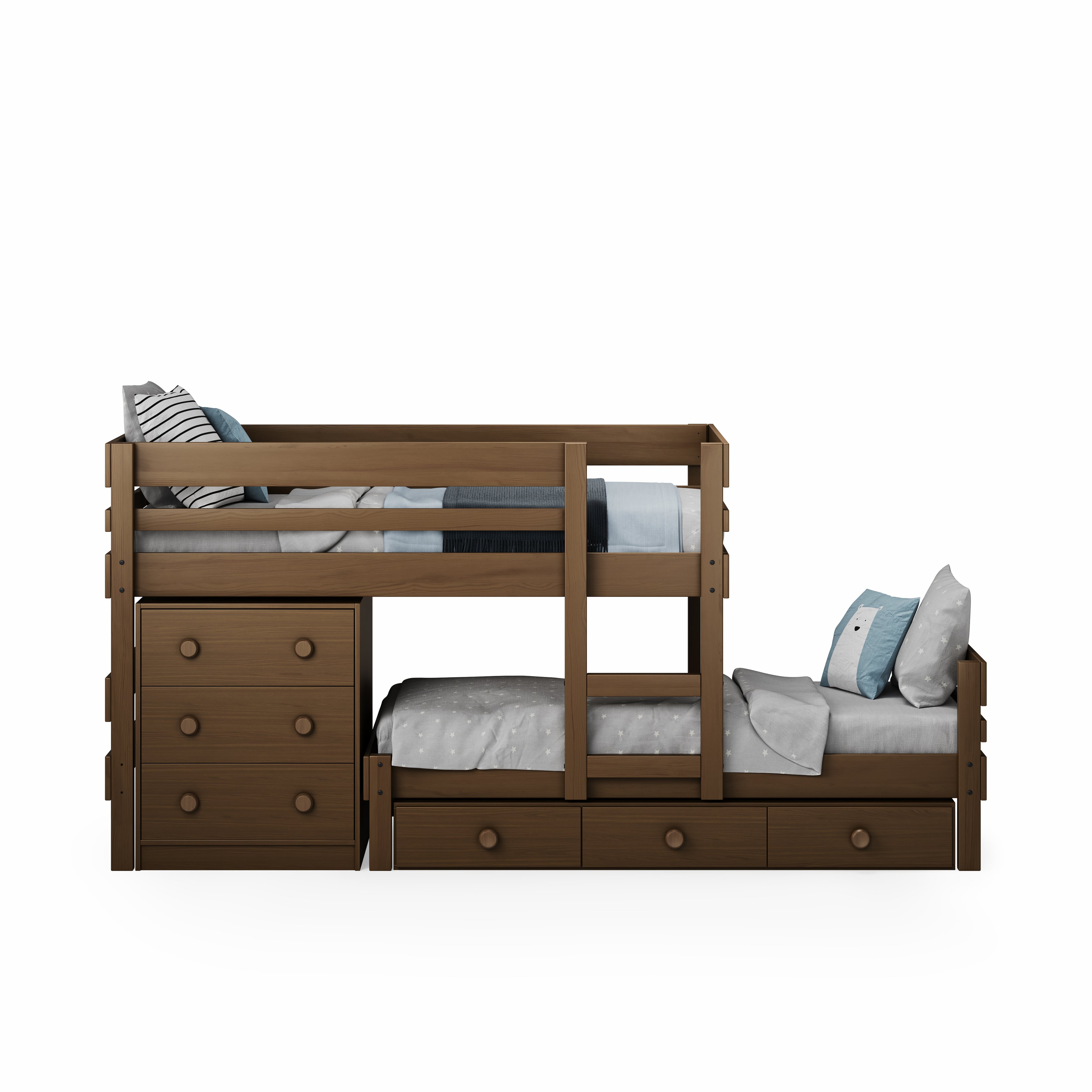 Native elm low height long-wall bunk bed with built-in drawers and ladder.