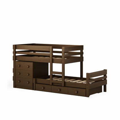 Low height long-wall bunk bed in dark brown wood with built-in drawers and ladders on the side.