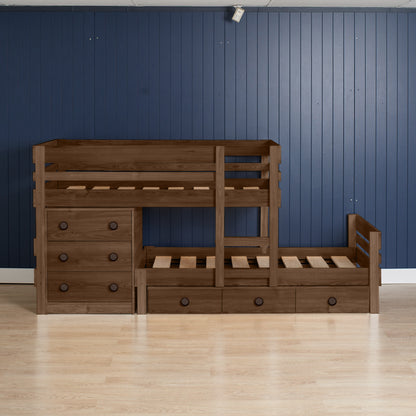 Native elm low height long-wall bunk bed with integrated chest drawers and pull-out trundle on light wood floor.