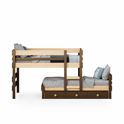 Low height long-wall bunk bed in elm with built-in stairs and under-bed drawers.