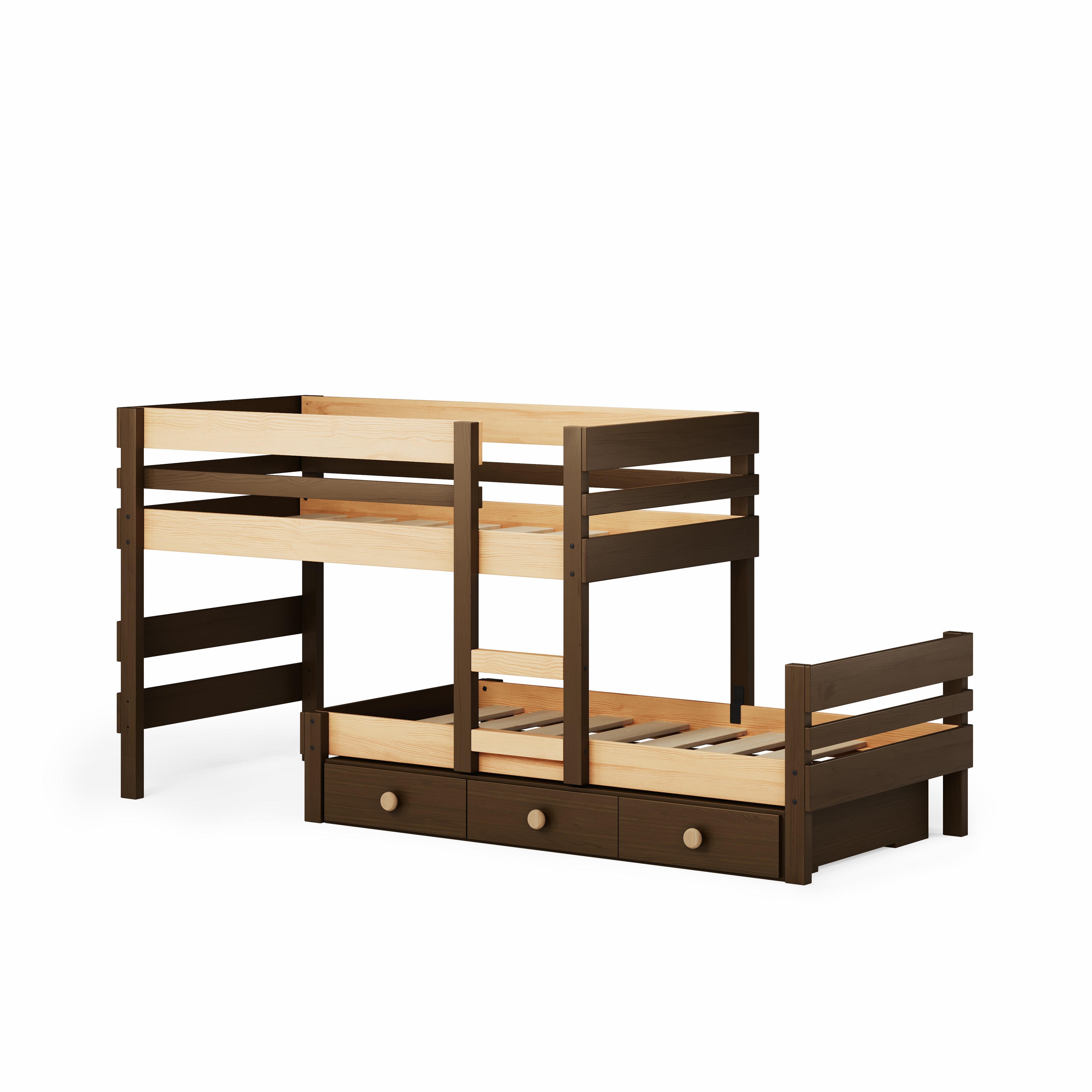 Low height long-wall bunk bed in Elm + Clear finish with under bed drawers and sturdy ladder.