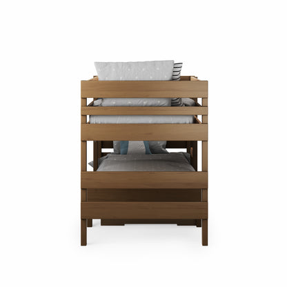 Low height long-wall bunk bed in natural elm wood with horizontal slats and grey bedding.