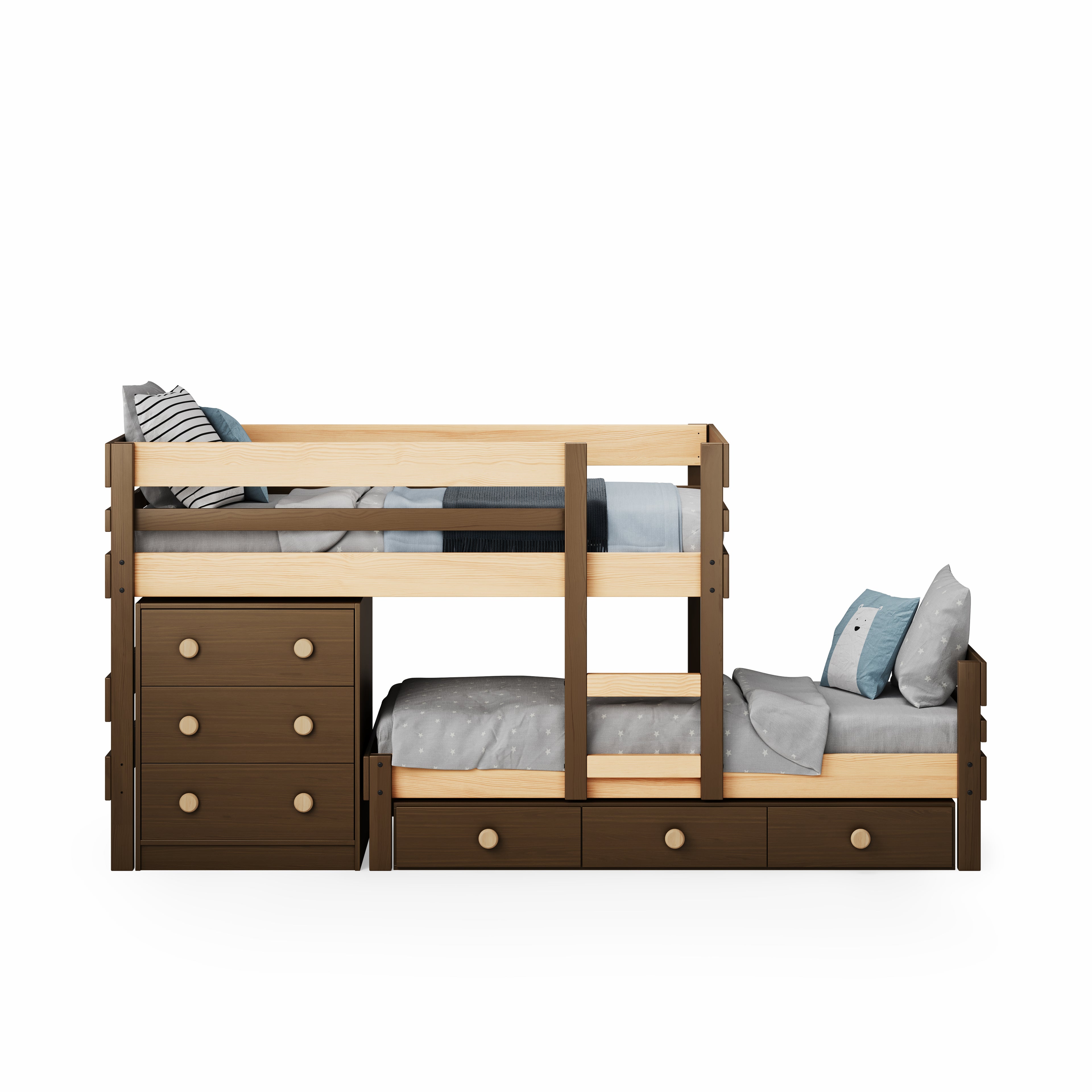 Native elm low height long-wall bunk bed with built-in drawers and chest in dark wood tones.