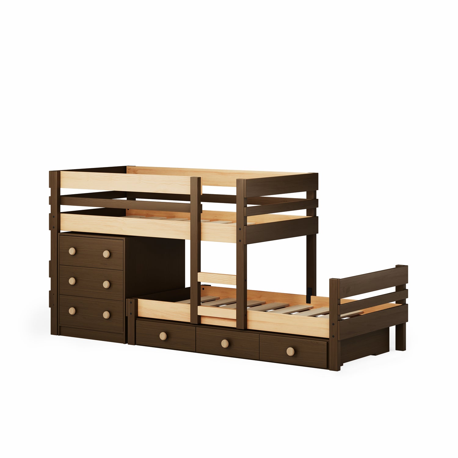 Low height long-wall bunk bed in dark wood with built-in drawers and open shelving.