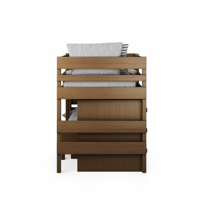 Low height long-wall bunk bed in native elm with built-in storage drawers and clean slatted design.