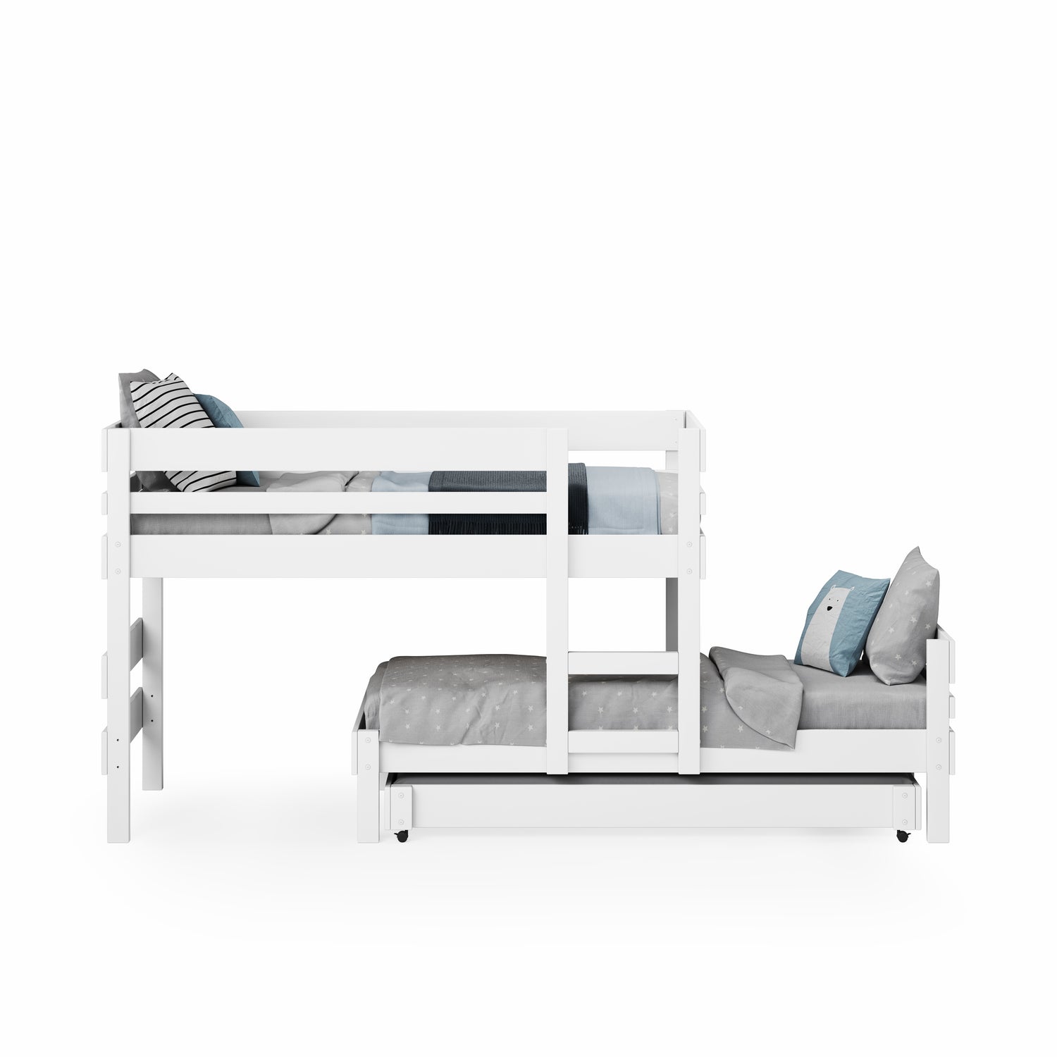White low height long-wall bunk bed with integrated ladder and bedding cushions.