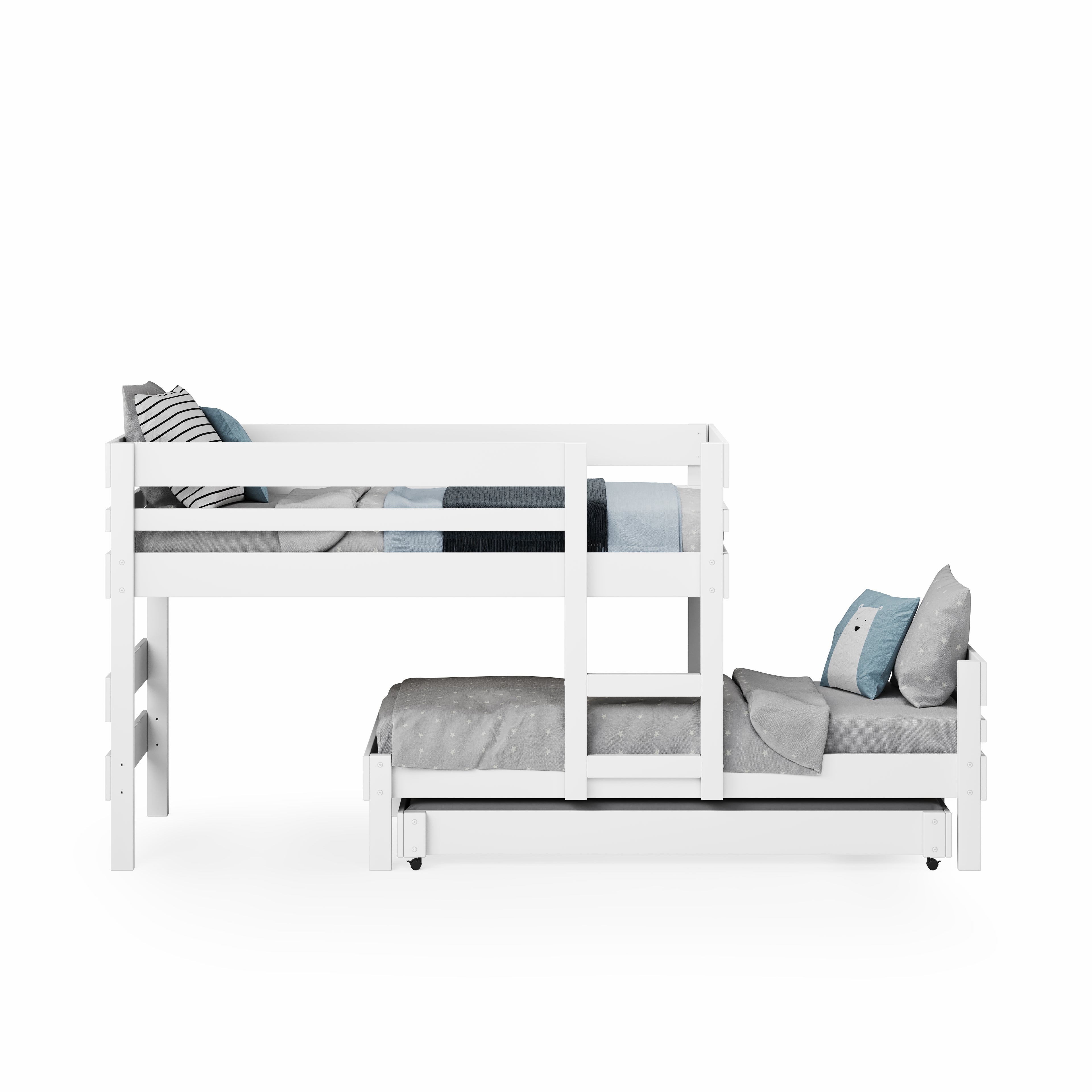 White low height long-wall bunk bed with integrated ladder and bedding cushions.
