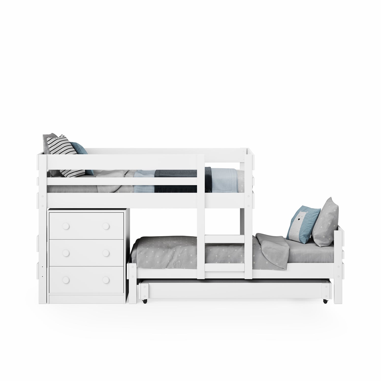 White low height long-wall bunk bed with integrated ladder and attached three-drawer chest.