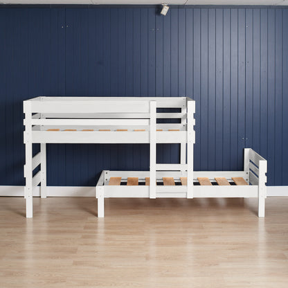 White low height long-wall bunk bed with slatted guardrails and integrated stairs on light wood floor.