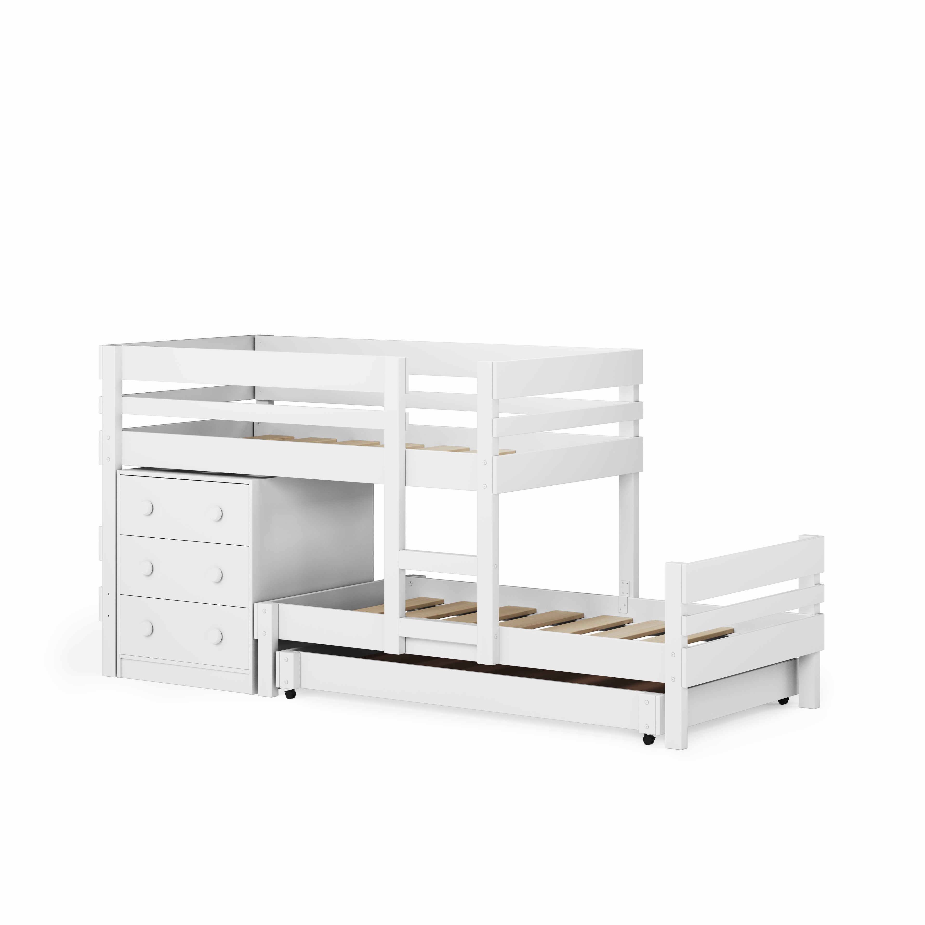 White low height long-wall bunk bed with side chest drawers and pull-out trundle bed underneath.