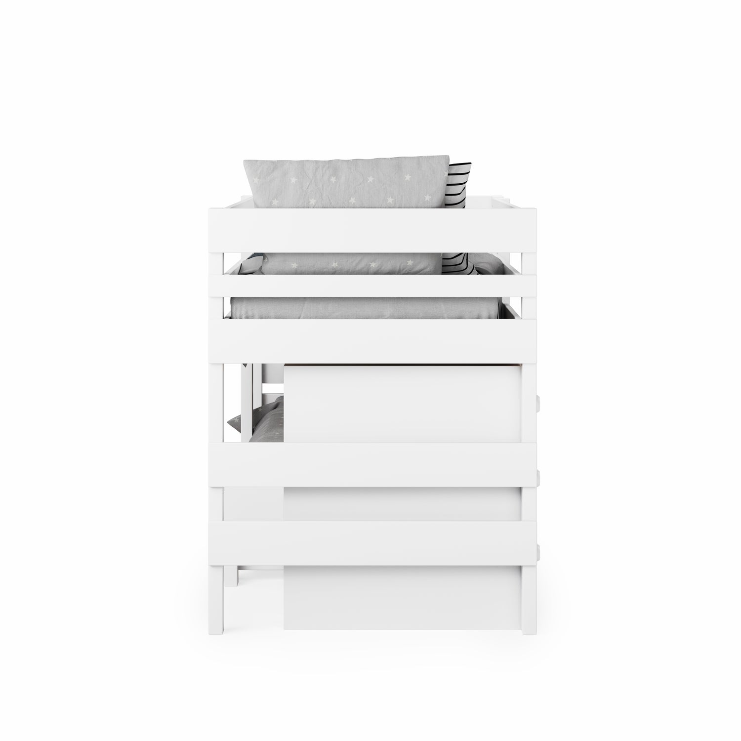 White low height long-wall bunk bed with clean lines and horizontal slats on end panels.