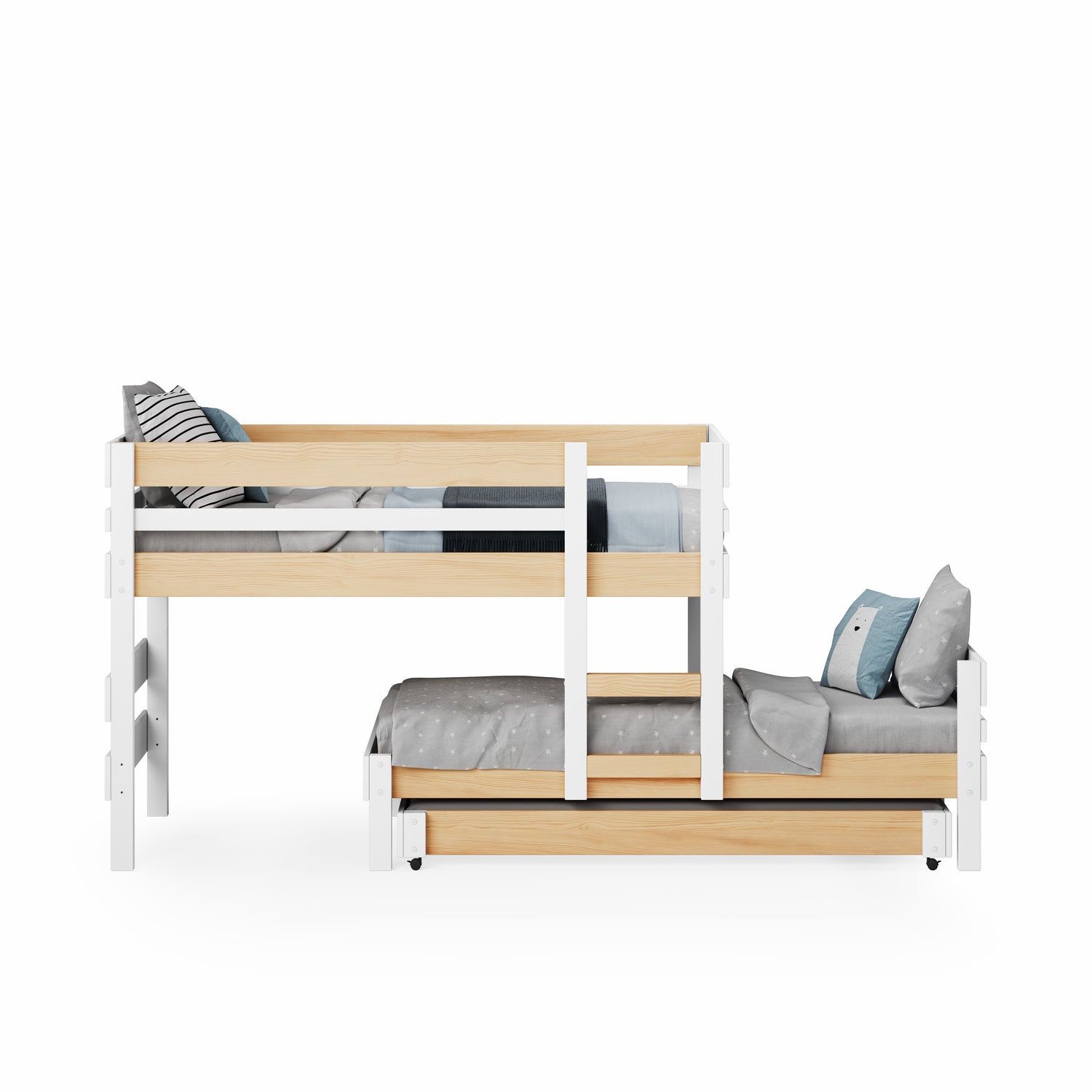 Low height long-wall bunk bed in white and natural wood with side ladder and pull-out trundle bed.