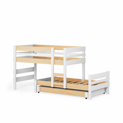 Low height long-wall bunk bed in white and natural wood with a pull-out trundle bed below.