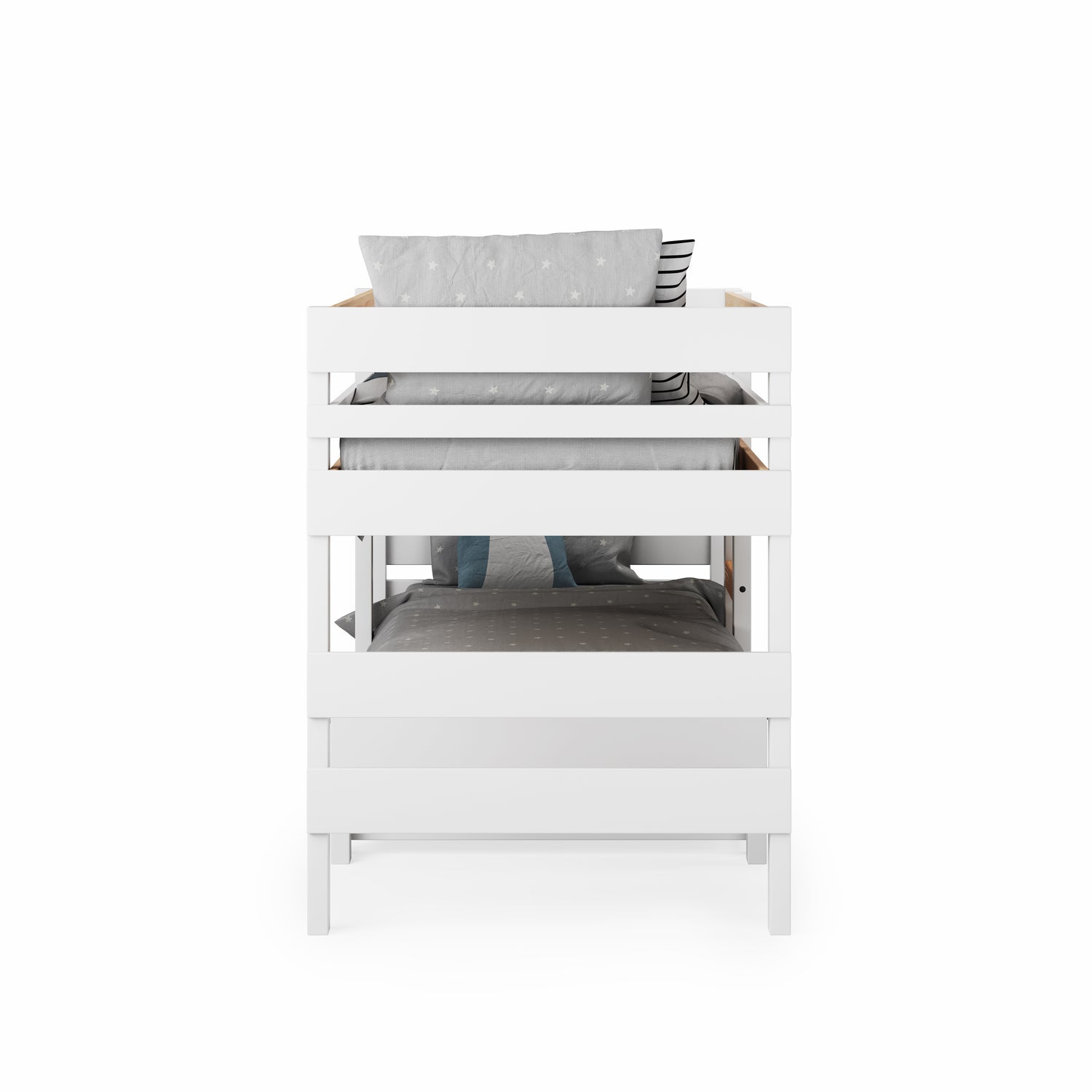 White low height long-wall bunk bed with slatted guardrails and clean modern design.