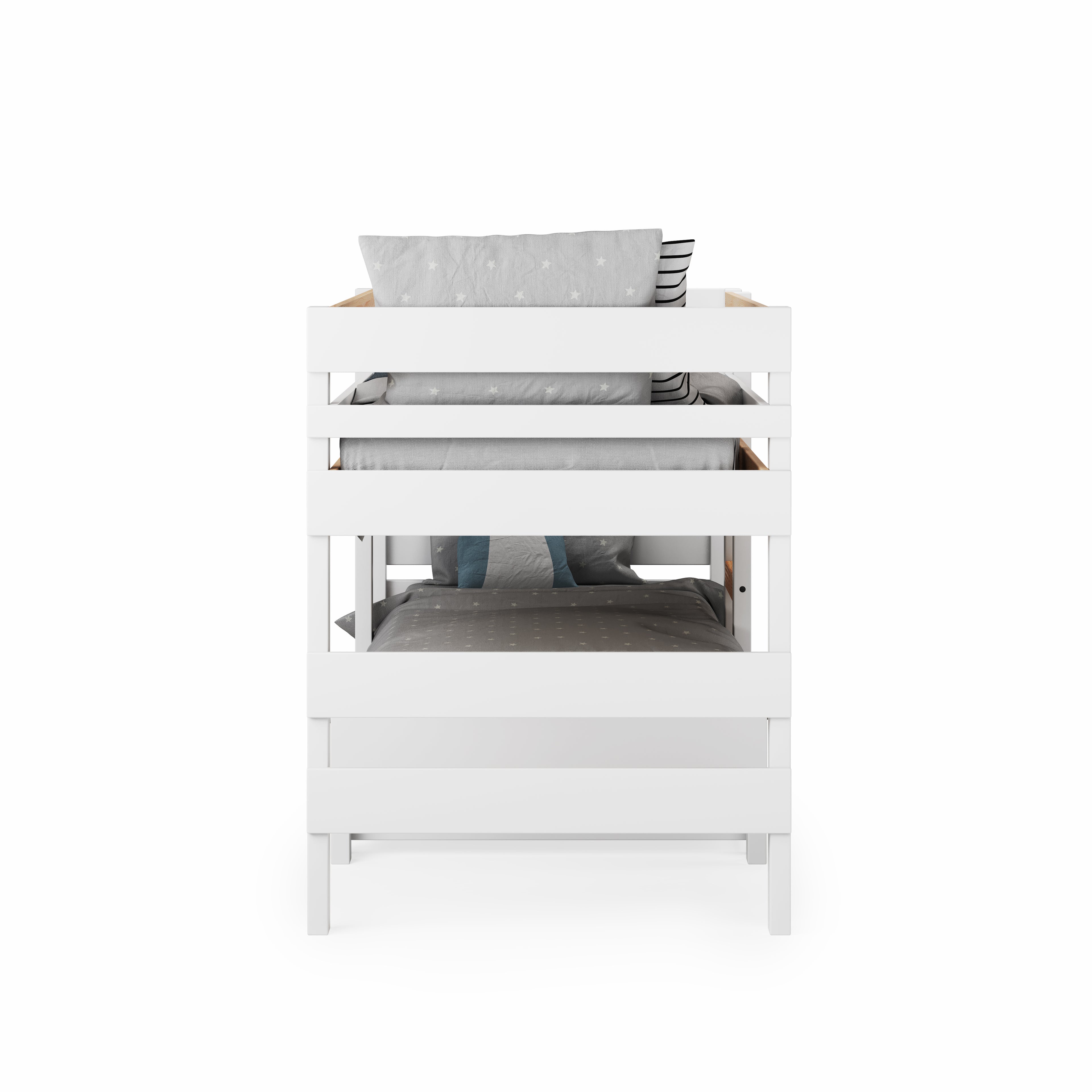 White low height long-wall bunk bed with slatted guardrails and clean modern design.