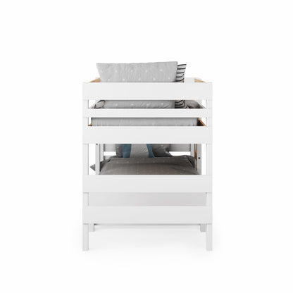 White low height long-wall bunk bed with slatted guardrails and clean modern design.
