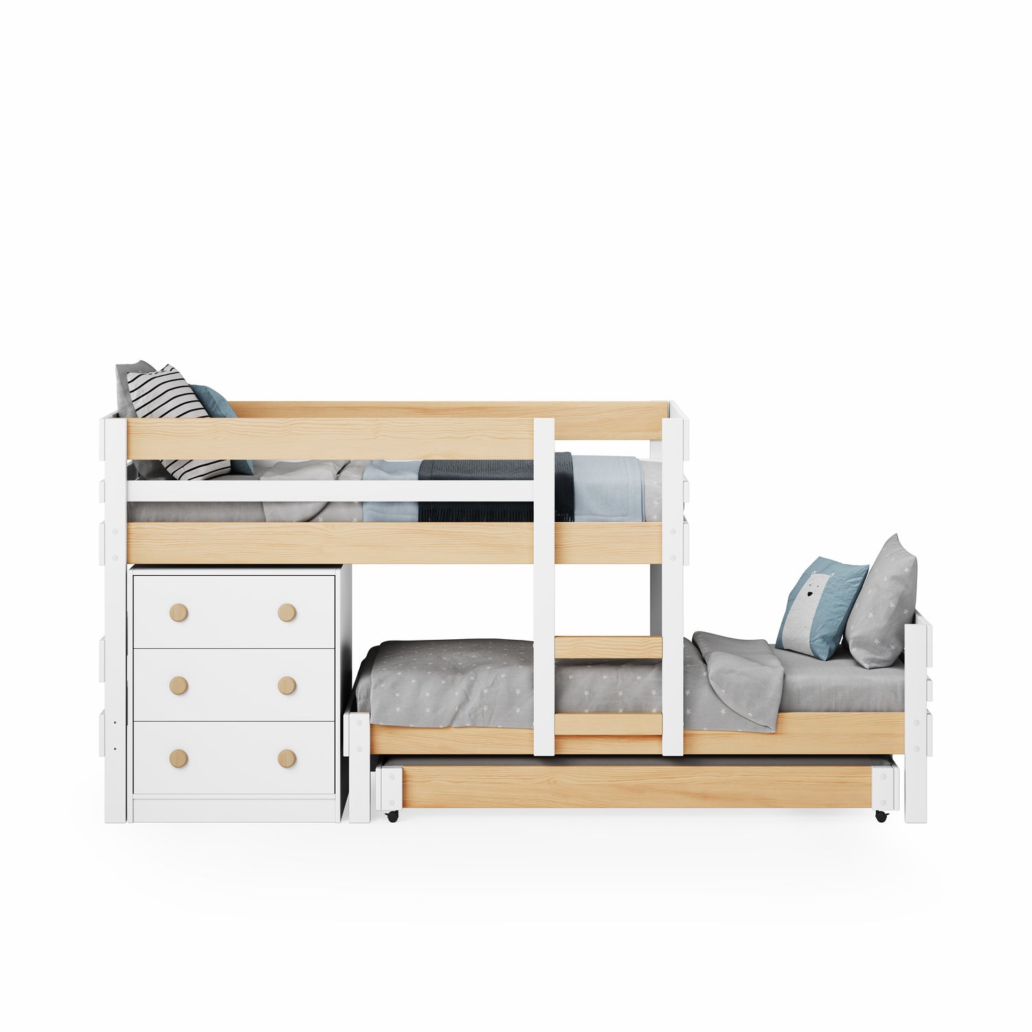 Low height long-wall bunk bed in white and elm with built-in drawers and trundle bed underneath.
