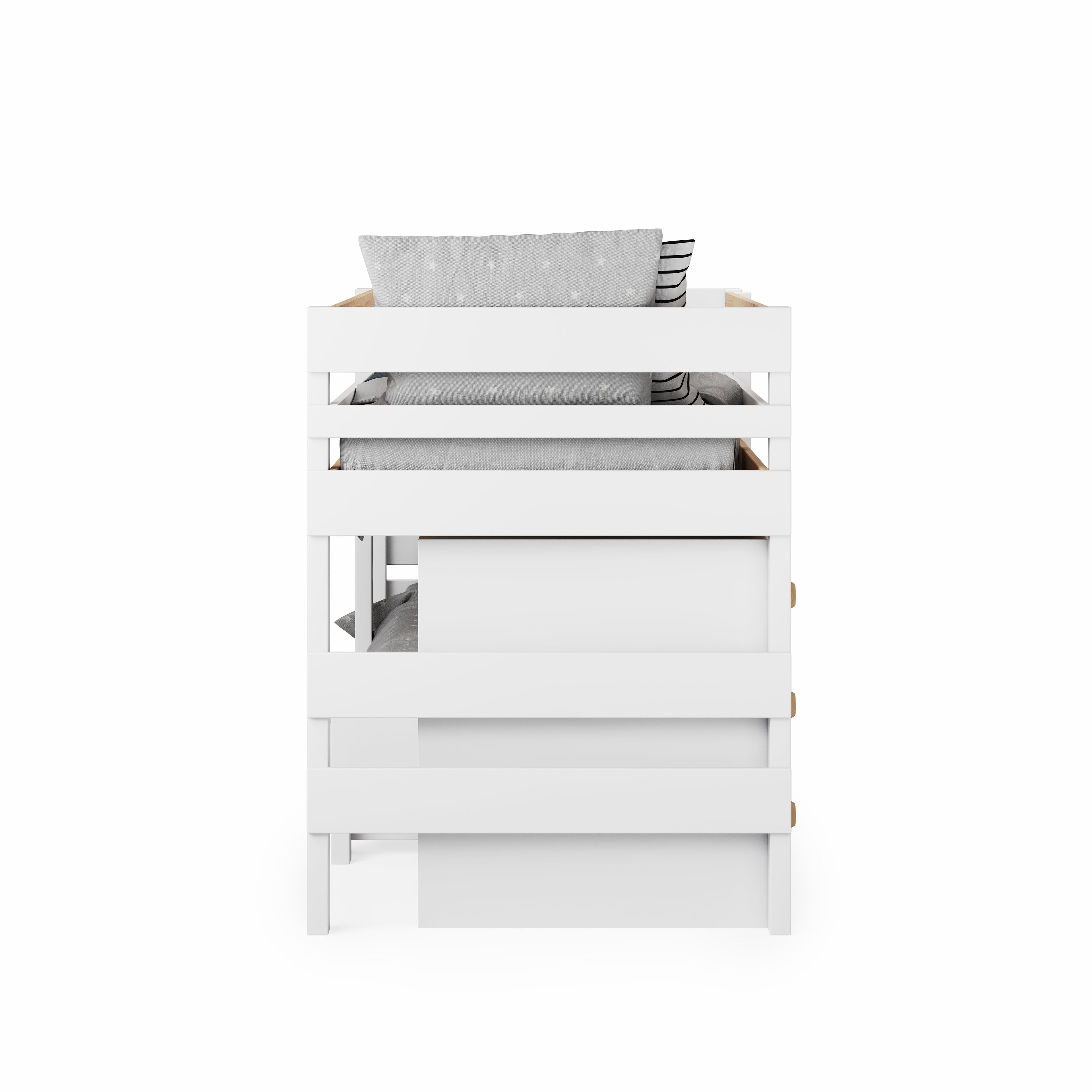 White low height long-wall bunk bed with safety rails and under bed drawer storage.