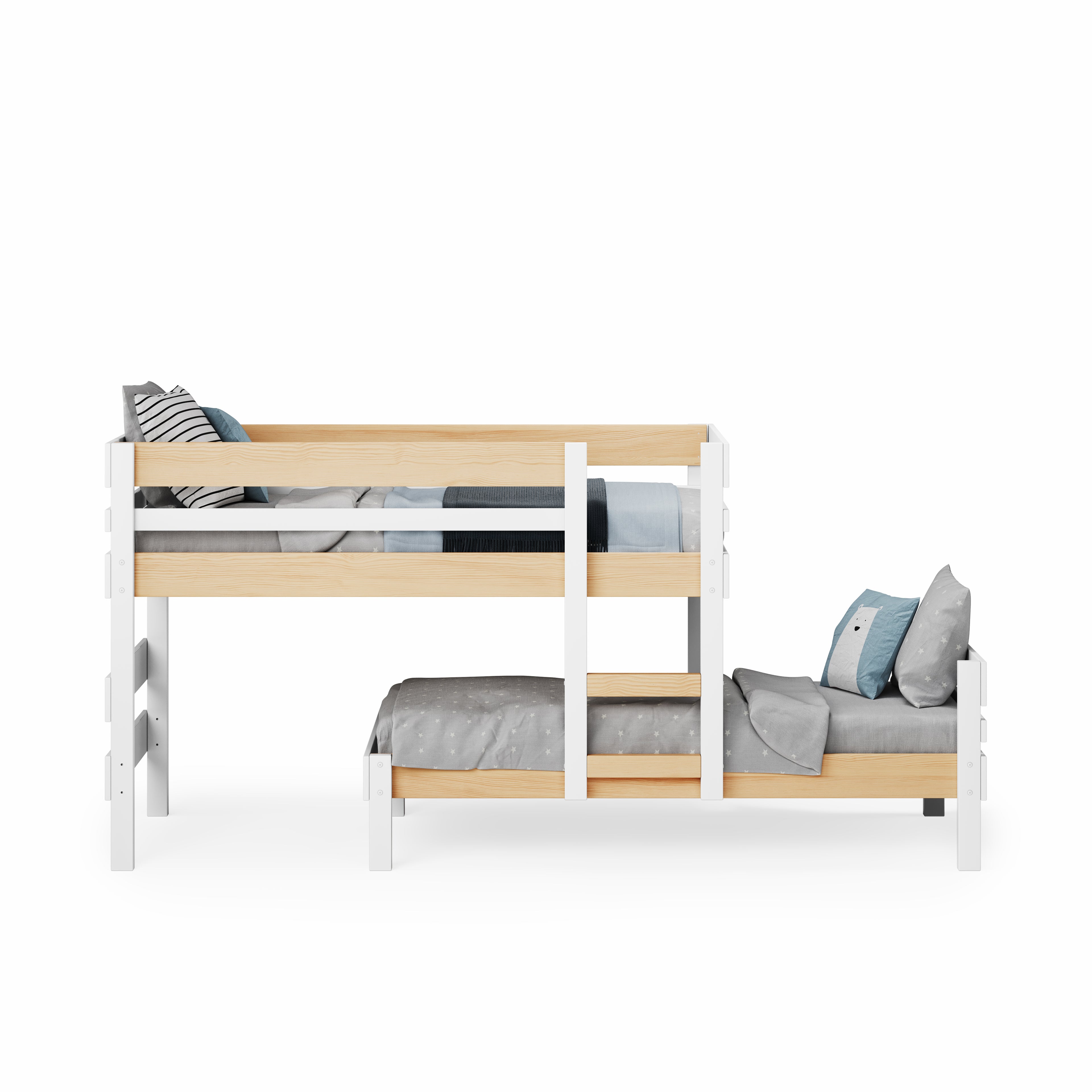 Low height long-wall bunk bed in white and natural elm with integrated ladder and guardrails, minimal modern design.
