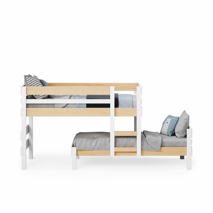 Low height long-wall bunk bed in white and natural elm with integrated ladder and guardrails, minimal modern design.