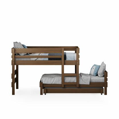 Native elm low height long-wall bunk bed with built-in stairs and lower bed drawer storage.