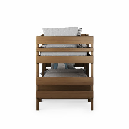 Native elm low height long-wall bunk bed with simple horizontal slat guardrails and integrated ladder.