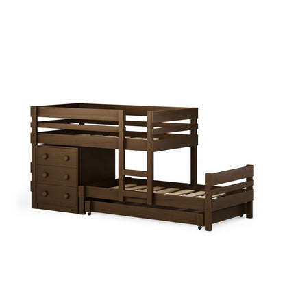 Low height long-wall bunk bed in dark wood with built-in dresser and open cubby storage.