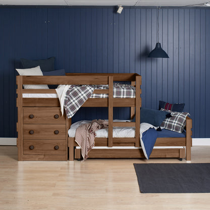 Native elm low height long-wall bunk bed with built-in staircase drawers and wooden safety rails.