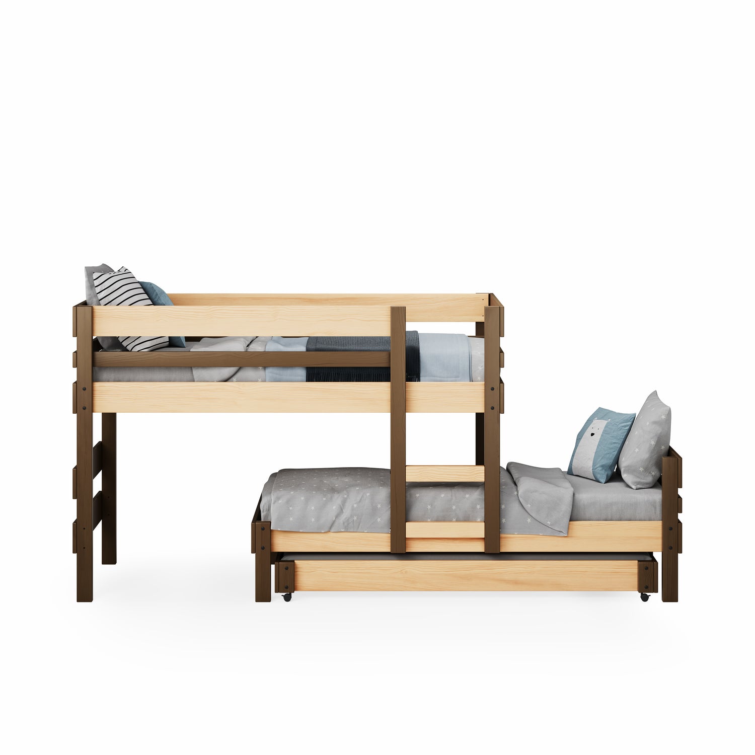 Low height long-wall bunk bed in natural elm with side ladder and striped mattress on top bunk.