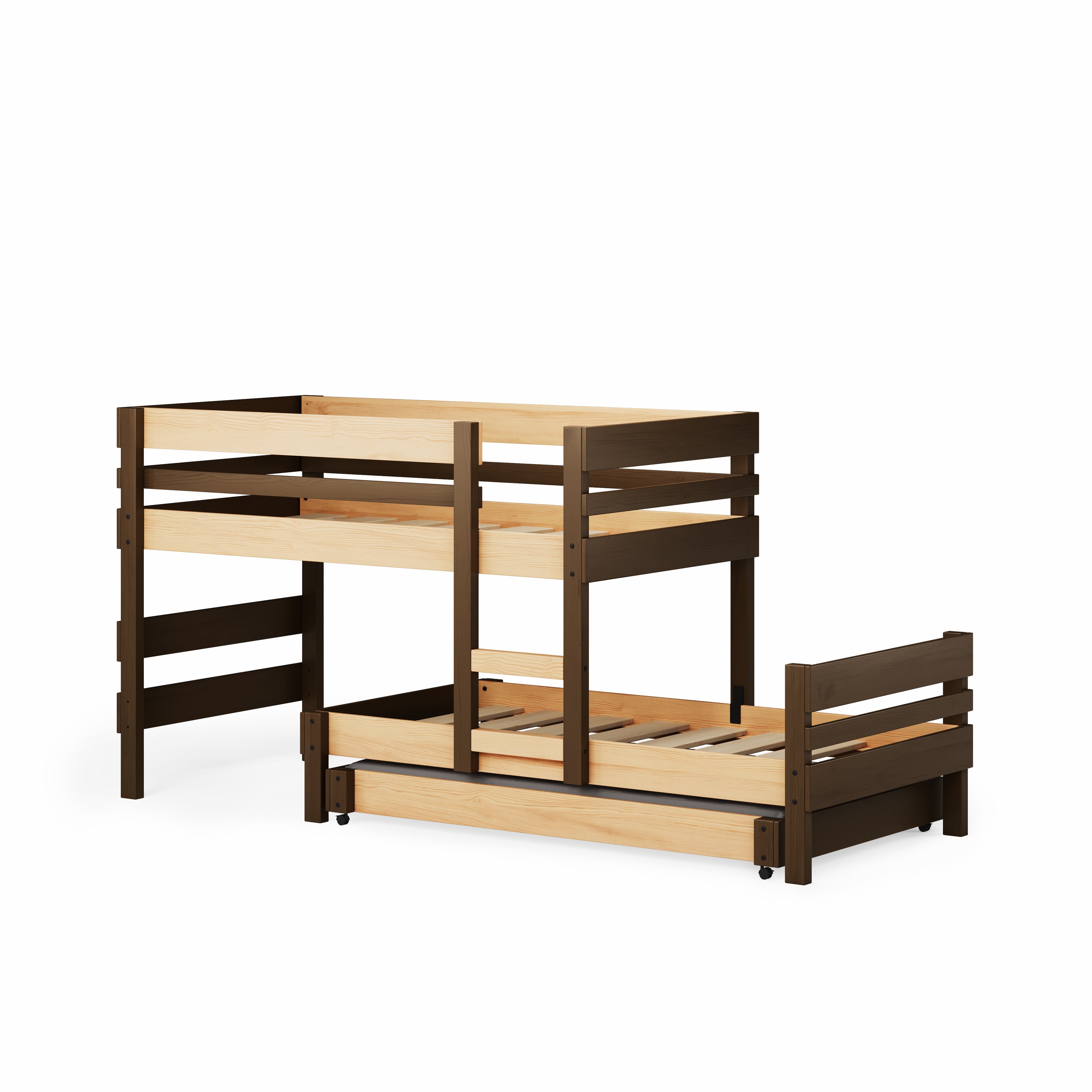 Low height long-wall bunk bed in natural wood with dark brown frame and ladder on the side.