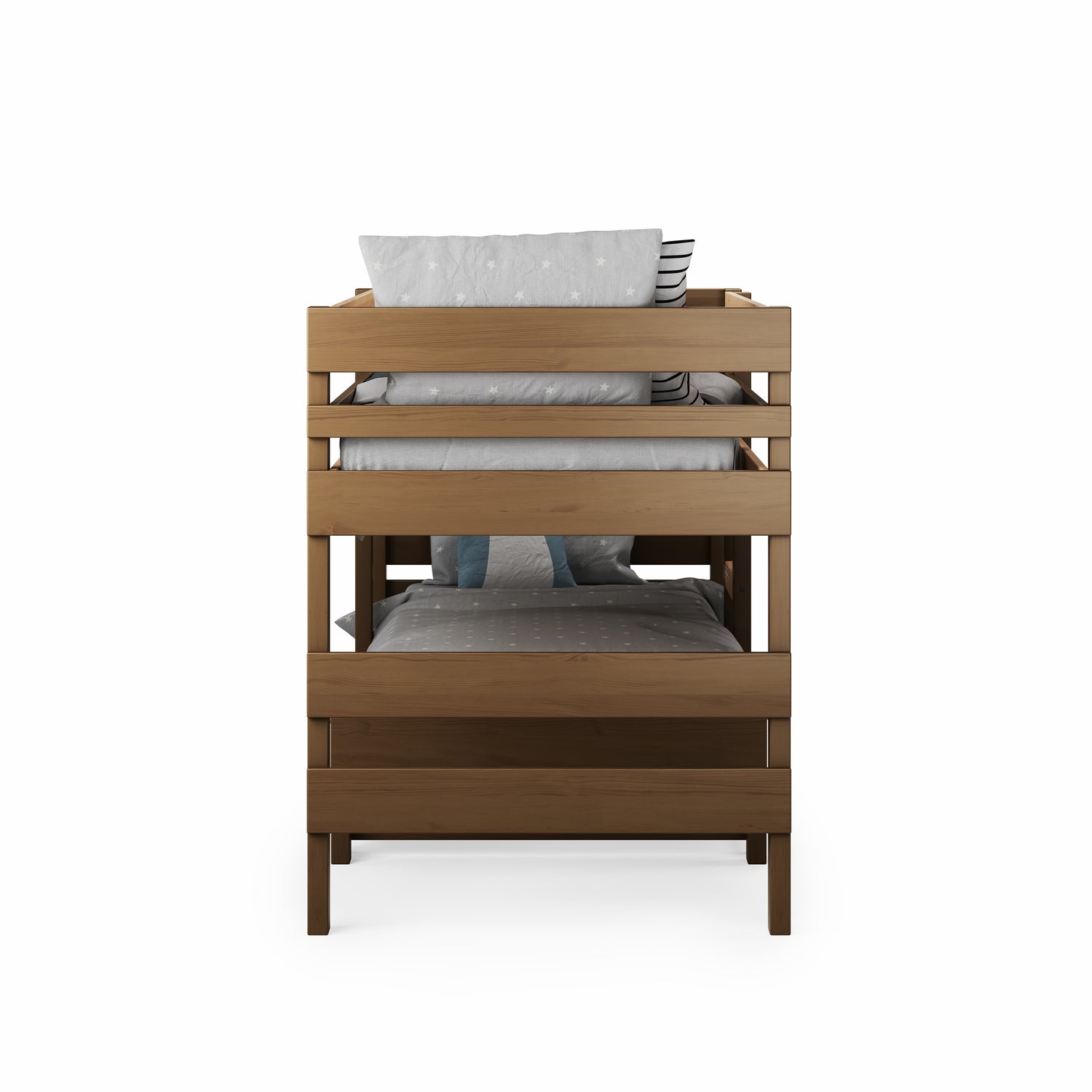Low height long-wall bunk bed in native elm wood with horizontal slats and simple design.