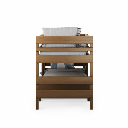 Low height long-wall bunk bed in native elm wood with horizontal slats and simple design.